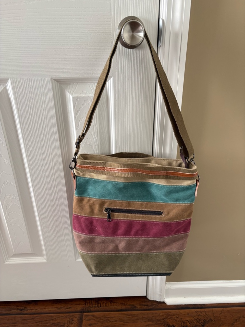 Striped Canvas Shoulder Bag in Teal, Olive & Berry